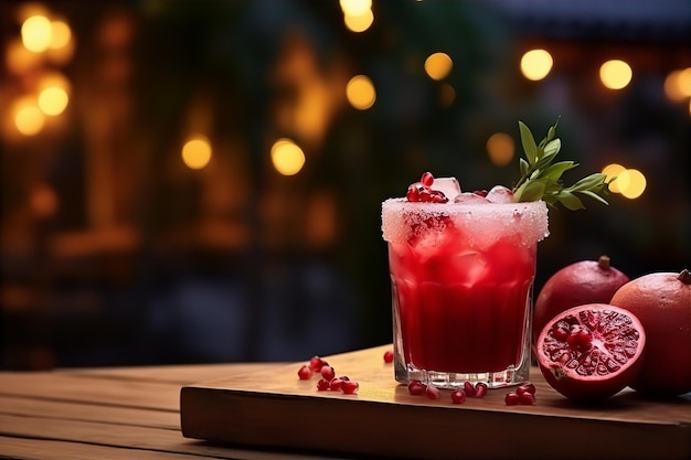 Photo pomegranate margarita for dinner on the wooden table with outdoor setup background