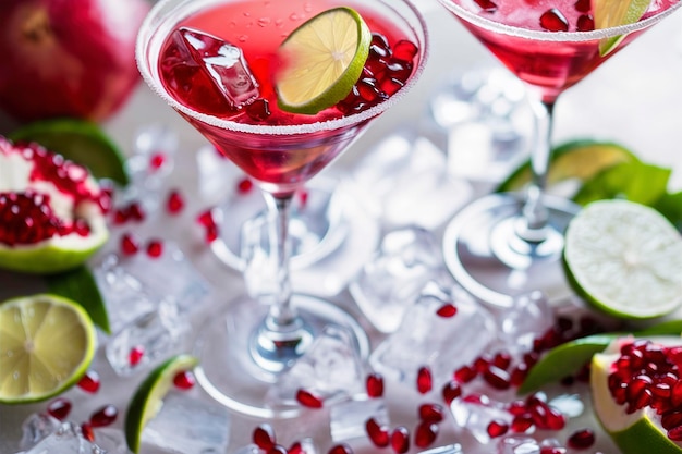 Pomegranate martini with slices of lime and pomegranate seeds