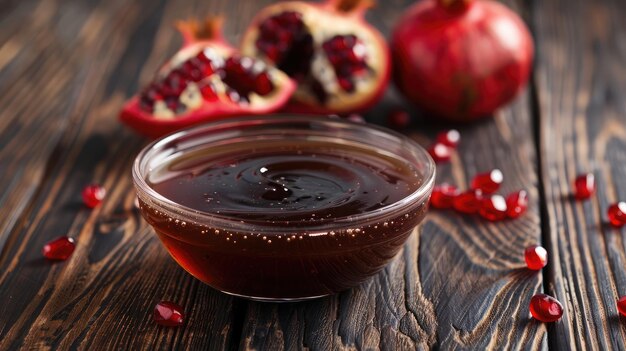 Photo pomegranate molasses in glass bowl pomegranate sour sauce with fresh ripe whole and split pomegranate fruit on wooden rustic table