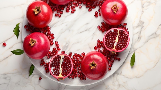 Pomegranate pieces on white marble to _view