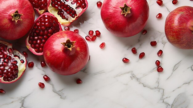 Pomegranate pieces on white marble to _view