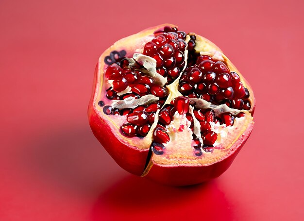 Photo pomegranate on a red background broken ripe pomegranate fruit on a red surface high resolution