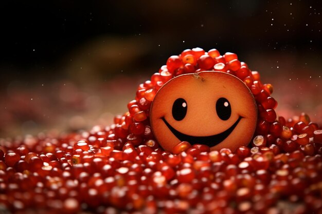 Pomegranate seeds arranged in the shape of a smiley face