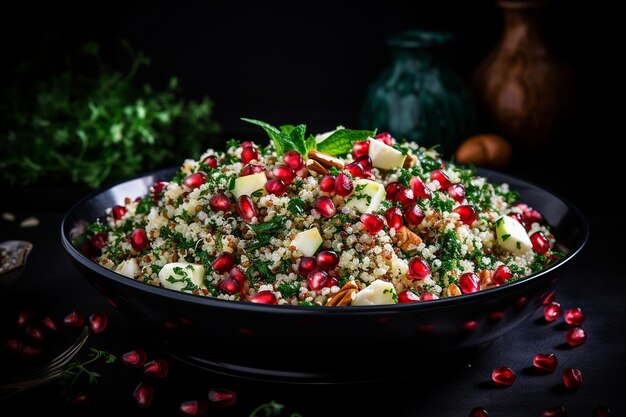 Pomegranate seeds mixed with quinoa in a salad