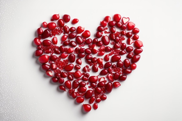 Pomegranate seeds in the shape of hearts on a white backdrop Valentines Day flat lay concept with love