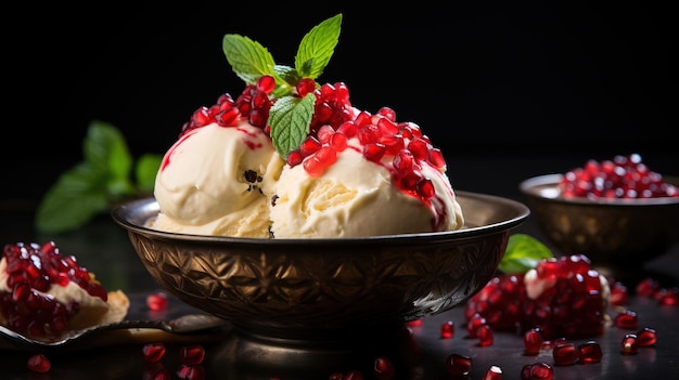 pomegranate seeds and vanilla and cream ice cream Sorbet with fresh fruit