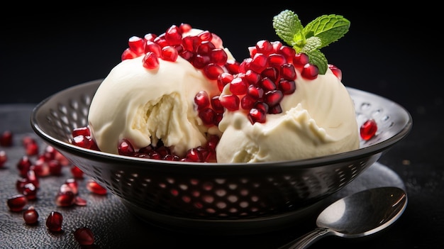 pomegranate seeds and vanilla and cream ice cream Sorbet with fresh fruit
