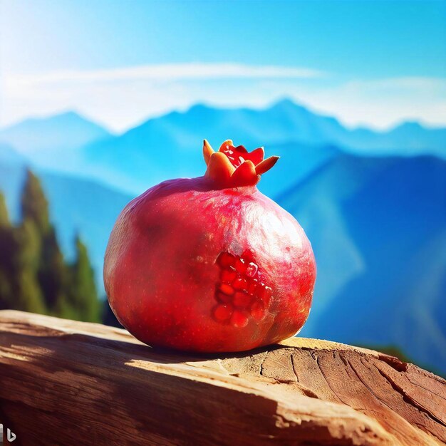 Photo a pomegranate sits on a log with a mountain view blue sky