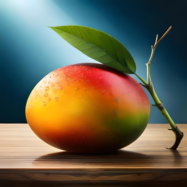 A pomegranate sits on a table with a plant in the foreground.