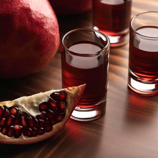 Pomegranate vodka shots and pomegranate fruit on a veneered countertop