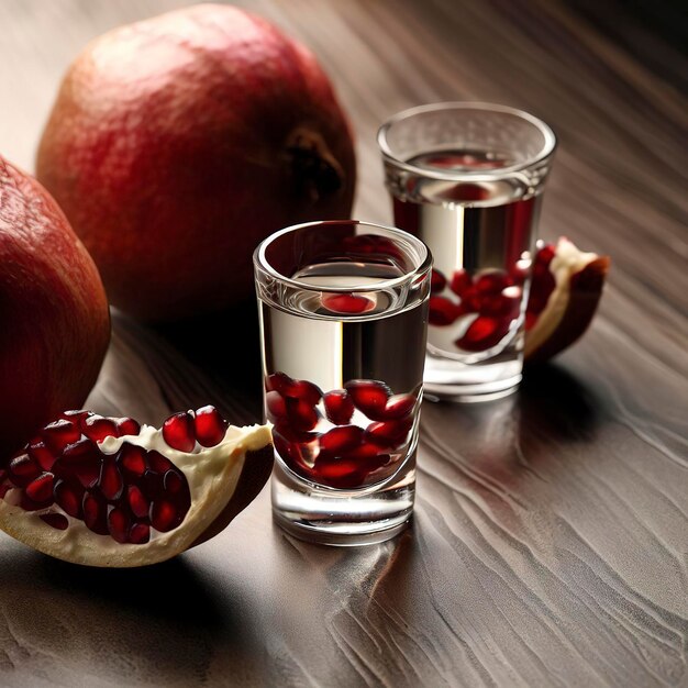 Pomegranate vodka shots and pomegranate fruit on a veneered countertop