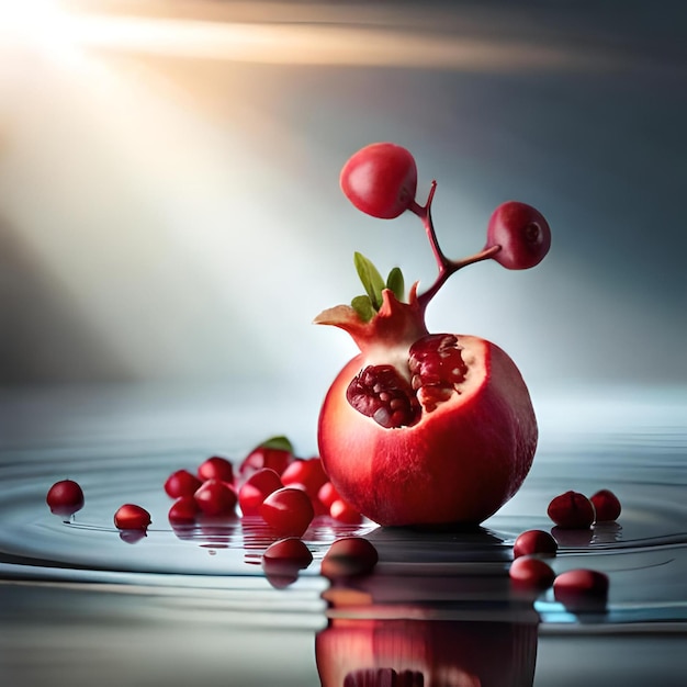 A pomegranate with berries on a water surface.