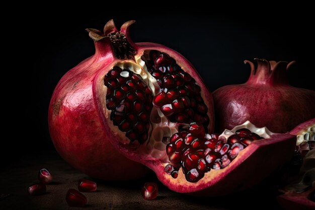 Pomegranate with cut open juicy seeds inside created with generative ai