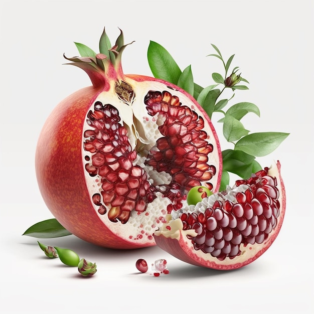 A pomegranate with a cut open and the seeds are green.