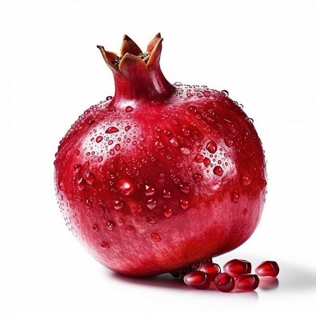 a pomegranate with drops of water on it.
