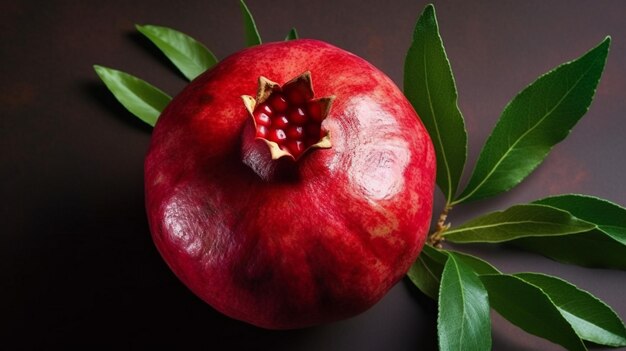 Photo pomegranate with leafs top down view