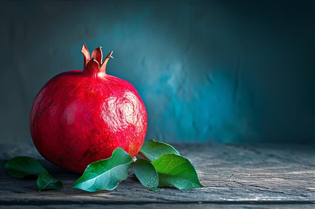 pomegranate with leaves on wood