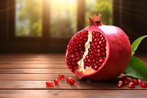 Pomegranate with leaves on wooden table against window Ai Generated