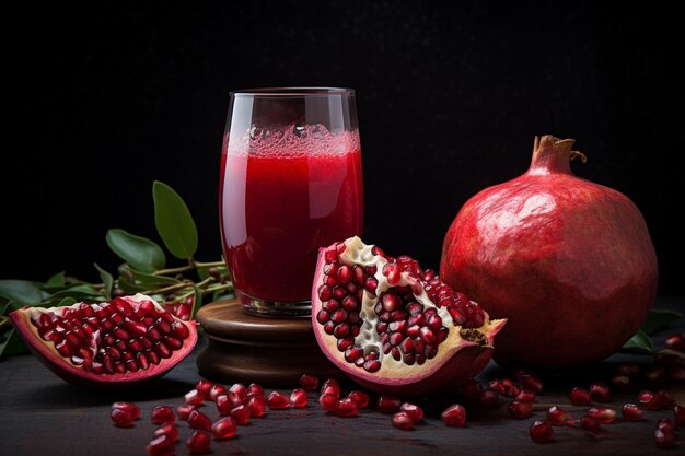 Photo pomegranate with seeds and a glass of juice