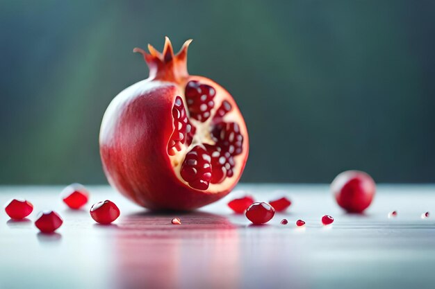 A pomegranate with seeds and a green background