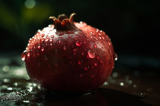 A pomegranate with water drops on it