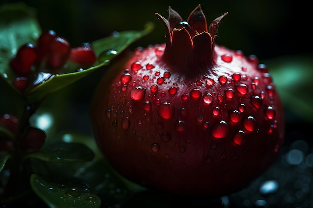 A pomegranate with water drops on it