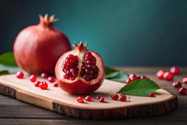 Pomegranate on a wooden board with pomegranate seeds