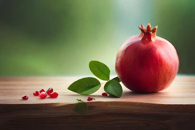 Pomegranate on a wooden table with green background