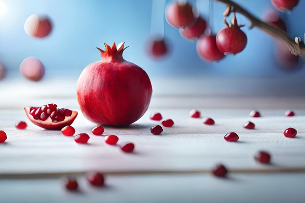 Pomegranates are scattered on a table