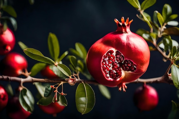 Pomegranates on a branch with leaves and a black background.