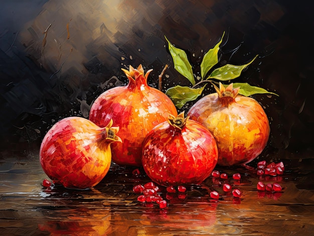 Pomegranates fruits with leaves still live painting wall art poster abstract impasto painting