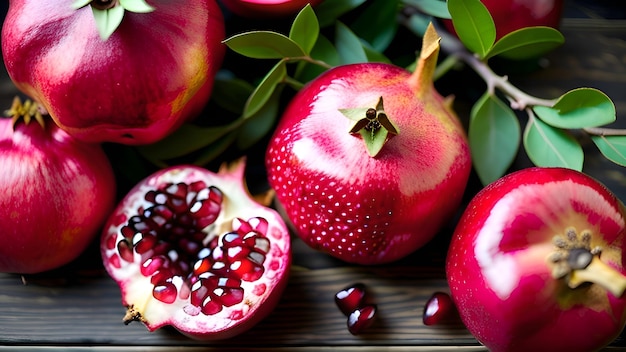 Pomegranates and pomegranates are on a wooden table