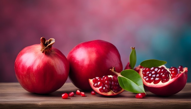 Photo pomegranates and a red background with a blue background