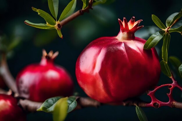 Pomegranates on a tree with green leaves