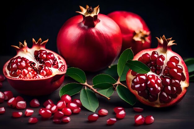 Pomegranates with leaves and a black background.