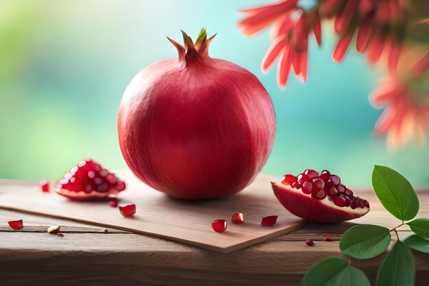 Photo pomegranates on a wooden table with leaves and fruits.