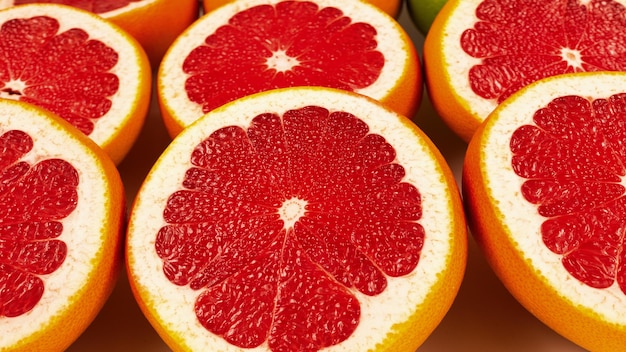 Foto pomelo en grapefruit sappige plakjes achtergrond.