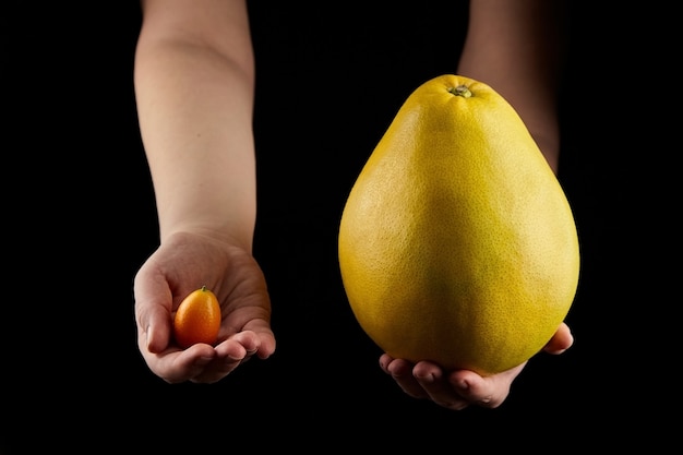 Pomelo and kumquat citrus fruits in female hands on black