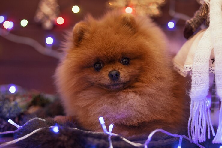 Photo 木製の床のクリスマスの装飾のポメラニアン犬。クリスマス犬。