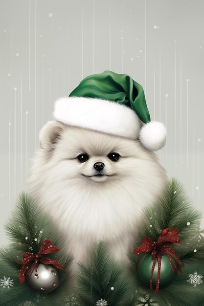 Pomeranian dog in Santa Claus hat with christmas decoration