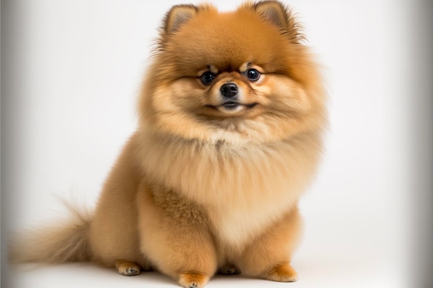 A pomeranian dog sits on a white background