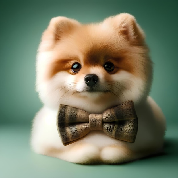 a Pomeranian dog wearing a stylish bow tie set against a solid green background