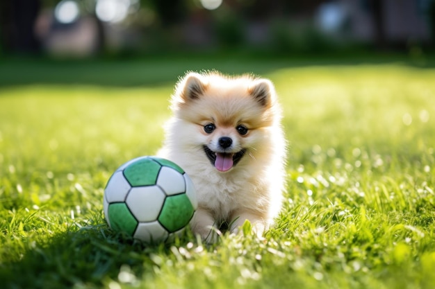 ボールの隣の草の上に横たわっているポメラニアン犬