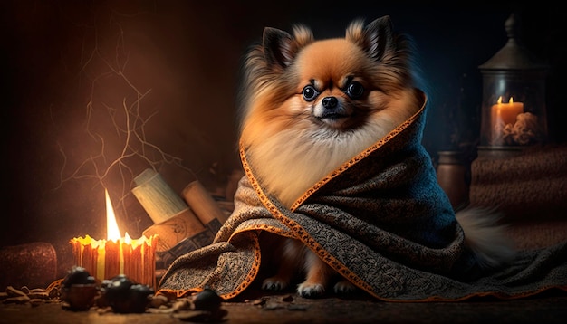 Pomeranian Pooch Perfectly Pampered by the Fire on a Plush Blanket