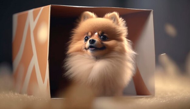 Pomeranian Pooch Pondering his Packed Placement in a Package