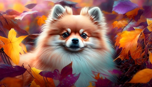 Pomeranian pup peeks through a sea of colorful autumn leaves