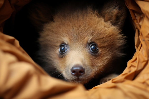 毛布の下から顔を覗かせるポメラニアンの子犬