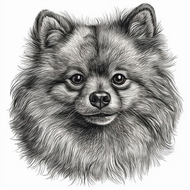 Pomeranian Spitz gravure stijl close-up portret zwart-wit tekening schattige gezelschapshond