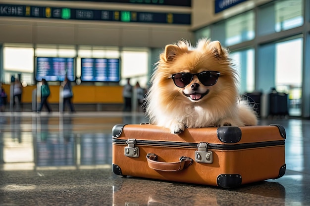 Pomeranian in sunglasses a tourist is sitting next to a suitcase at the airport Traveling with a dog pet carrier stress from the heat AI generated