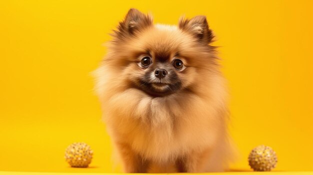 Pomeranian on a yellow background